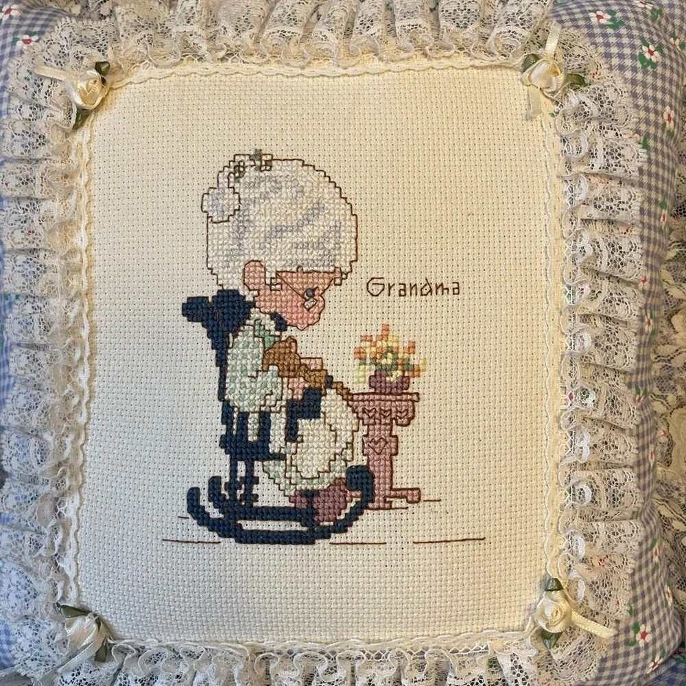 Vintage handmade cross stitched granny pillow